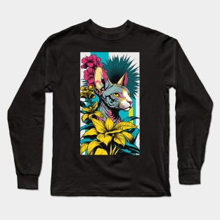 Sphynx Cat Vibrant Tropical Flower Tall Retro Vintage Digital Pop Art Portrait 4 Long Sleeve T-Shirt